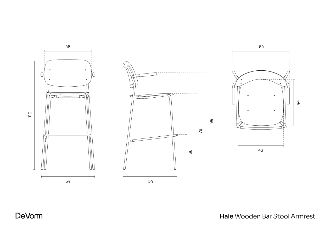 Hale Wooden Bar Stool + Armrests | Technical Drawing preview