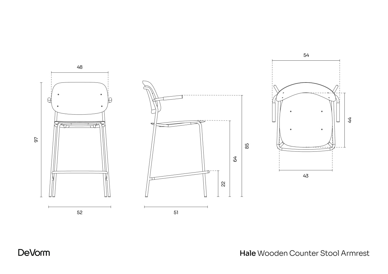 Hale Wooden Counter Stool + Armrests | Technical Drawing preview